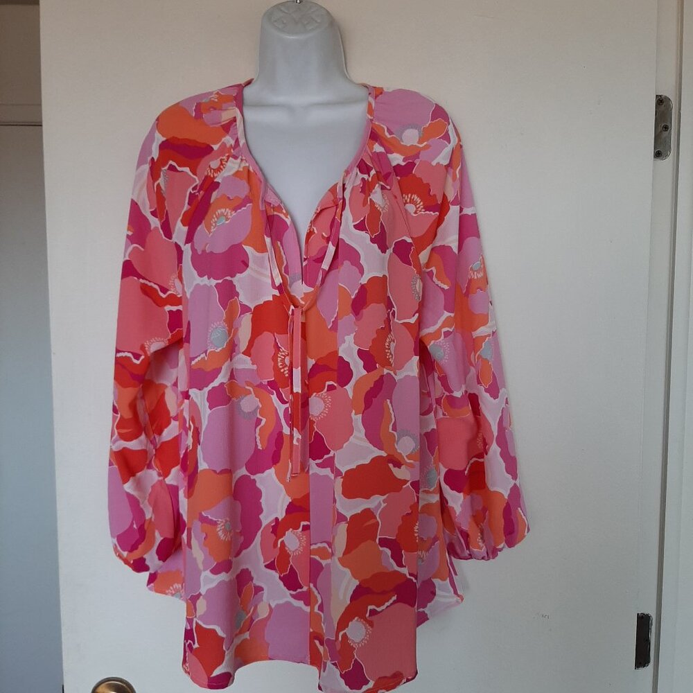 Adyson Parker Pink Floral V-Neck Tunic Top 1X Tie V-Neck Elastic Sleeves